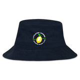 The EMB S&S Activewear Littleton Women Rugby Club Crusher Bucket Cap is a black cotton twill hat with a yellow lemon graphic and club logo on the front, providing sun protection for outdoor use.