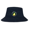 The EMB S&S Activewear Littleton Women Rugby Club Crusher Bucket Cap is a black cotton twill hat with a yellow lemon graphic and club logo on the front, providing sun protection for outdoor use.