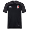 The Lincoln City Youth Rugby Vapodri Evader Jersey by EMB Canterbury is a black short-sleeve rugby top with moisture-wicking technology, featuring the Canterbury and Lincoln Rugby Union Football Club logos on the chest.