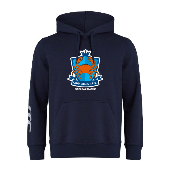 The Land Crabs RFC Club Hoodie by WRS Canterbury features a large crab logo and "LAND CRABS R.F.C. TENACITY IN ARENA" on the chest, with three white sleeve stripes. Made from premium fleece by Canterbury. Customization available.