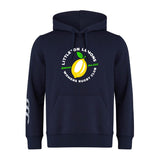 Show your team spirit with the Littleton Women Rugby Club Club Hoodie by WRS Canterbury: a navy blue hoodie featuring "Littleton Lemons Womens Rugby Club" text, a lemon graphic on the chest, and white stripes on the left sleeve.