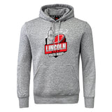 The Lincoln City Youth Rugby Club Hoodie by Canterbury from WRS Canterbury features a gray hood, front pocket, and a chest logo with "Lincoln City Youth Rugby," a rugby ball, and building—perfect for any young rugby player.