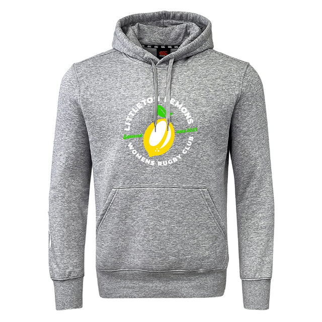 The Littleton Women Rugby Club Hoodie by WRS Canterbury is a gray hoodie with a front pocket, hood, and a yellow lemon graphic plus "Littleton Lemons Women's Rugby Club" on the chest.