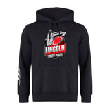 The Lincoln City Youth Rugby Club Hoodie by WRS Canterbury features a rugby ball and city landmark logo on the chest, with three white stripes on the left sleeve.