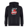 The Lincoln City Youth Rugby Club Hoodie by WRS Canterbury features a rugby ball and city landmark logo on the chest, with three white stripes on the left sleeve.