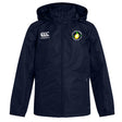 The Littleton Women Rugby Club Vaposhield Full Zip Rain Jacket by EMB Canterbury has two chest embroidered logos, zippered pockets, and VapoShield tech in navy blue, shown on a plain white background.