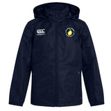 The Littleton Women Rugby Club Vaposhield Full Zip Rain Jacket by EMB Canterbury has two chest embroidered logos, zippered pockets, and VapoShield tech in navy blue, shown on a plain white background.