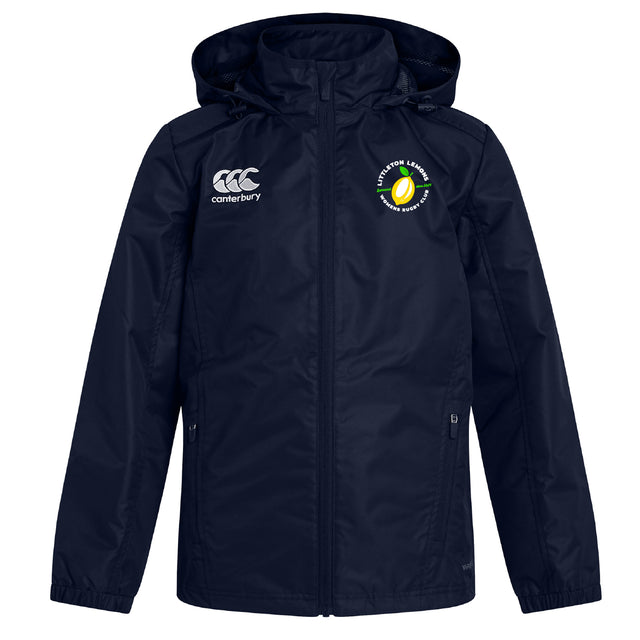 The Littleton Women Rugby Club Vaposhield Full Zip Rain Jacket by EMB Canterbury has two chest embroidered logos, zippered pockets, and VapoShield tech in navy blue, shown on a plain white background.