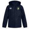 The Littleton Women Rugby Club Vaposhield Full Zip Rain Jacket by EMB Canterbury has two chest embroidered logos, zippered pockets, and VapoShield tech in navy blue, shown on a plain white background.