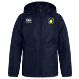 The Littleton Women Rugby Club Vaposhield Stadium Jacket by EMB Canterbury is a navy blue, water-repellent hooded jacket with a zipper, Canterbury logo on the right chest, and circular club tennis badge on the left.