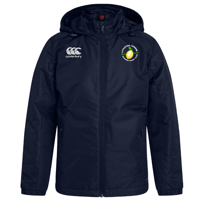 The Littleton Women Rugby Club Vaposhield Stadium Jacket by EMB Canterbury is a navy blue, water-repellent hooded jacket with a zipper, Canterbury logo on the right chest, and circular club tennis badge on the left.