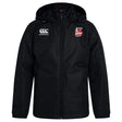 The Lincoln City Youth Rugby Club Vaposhield Stadium Jacket by EMB Canterbury is a black zip-up jacket with padded insulation and club logos on the chest, shown on a white background.