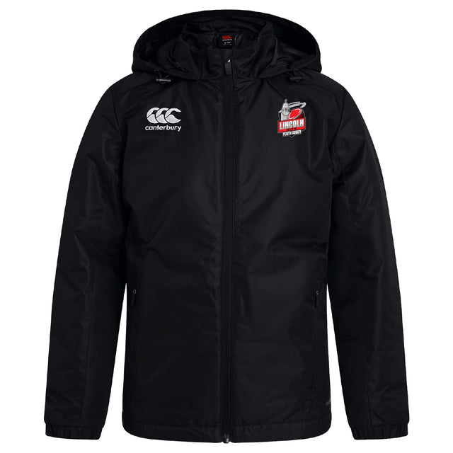 The Lincoln City Youth Rugby Club Vaposhield Stadium Jacket by EMB Canterbury is a black zip-up jacket with padded insulation and club logos on the chest, shown on a white background.