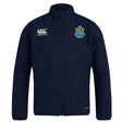 The Land Crabs RFC Club Track Jacket by EMB Canterbury is a navy blue lightweight zip-front jacket with a white Canterbury logo on the right chest and a blue and orange shield emblem on the left chest.