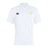 The Littleton Women Rugby Club Club Dry Polo by EMB Canterbury is a breathable white short-sleeve polo featuring a black Canterbury logo on the right chest and a circular yellow tennis ball logo on the left for lasting comfort.