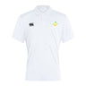 The Littleton Women Rugby Club Club Dry Polo by EMB Canterbury is a breathable white short-sleeve polo featuring a black Canterbury logo on the right chest and a circular yellow tennis ball logo on the left for lasting comfort.