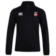 The Lincoln City Youth Rugby Club 1/4 Zip Mid Layer Training Top by EMB Canterbury is a black long-sleeve pullover with the Canterbury logo on the right chest and Lincoln rugby club logo on the left. Ideal for training.