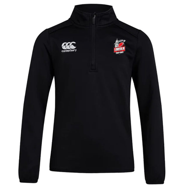 The Lincoln City Youth Rugby Club 1/4 Zip Mid Layer Training Top by EMB Canterbury is a black long-sleeve pullover with the Canterbury logo on the right chest and Lincoln rugby club logo on the left. Ideal for training.