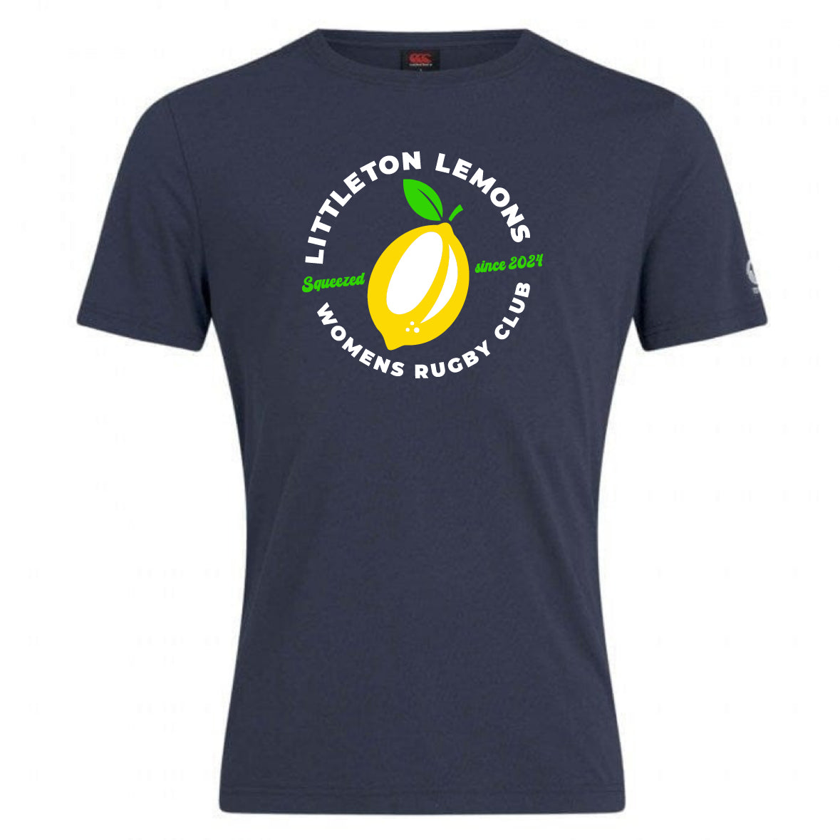 The Littleton Women Rugby Club Plain Tee by WRS Canterbury features a navy cotton blend, "Littleton Lemons Women's Rugby Club" text, lemon graphic, and "Squeezed since 2021" in green. Customize this comfortable, sporty tee for your team!.