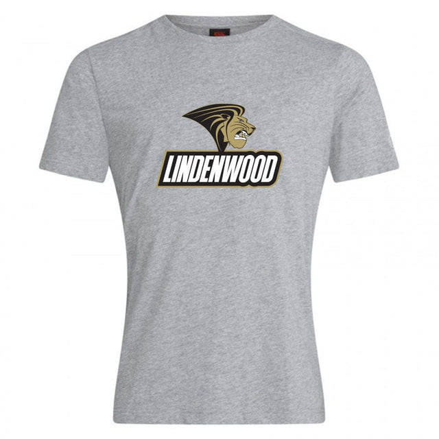 The Lindenwood University Rugby Club Plain Tee by WRS Canterbury is expertly crafted from a premium cotton-heavy blend in gray and features the word "Lindenwood" beneath a stylized lion head logo in black and gold.