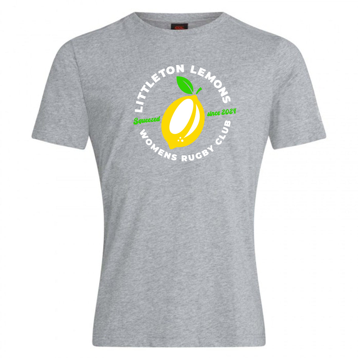 The Littleton Women Rugby Club Plain Tee by WRS Canterbury is a grey cotton blend t-shirt, customizable and perfect for team spirit or casual wear. Features "Littleton Lemons Women's Rugby Club, Squeezing Since 2021" in white and green.