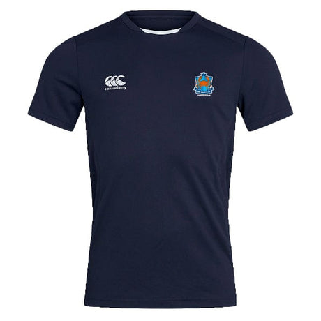 The Land Crabs RFC Club Dry Tee by EMB Canterbury is a navy short-sleeved athletic shirt with a white Canterbury logo on the right chest, a vibrant club crest on the left, and features quick-drying Vapodri Technology for comfort.