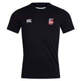 The Lincoln City Youth Rugby Club Dry Tee by EMB Canterbury is a black, breathable workout shirt with Vapodri Technology, featuring a white Canterbury logo on the right chest and the Lincoln Rugby Club logo on the left.