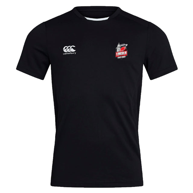 The Lincoln City Youth Rugby Club Dry Tee by EMB Canterbury is a black, breathable workout shirt with Vapodri Technology, featuring a white Canterbury logo on the right chest and the Lincoln Rugby Club logo on the left.