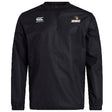 The Lindenwood University Rugby Club Vaposhield Contact Top by EMB Canterbury is a black long-sleeve jacket designed with Vaposhield technology. It showcases the distinctive Canterbury logo alongside the "Lindenwood" emblem on the chest, offering a unisex fit crafted from durable Micro Diamond ripstop fabric for both style and resilience.