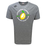 The WRS Canterbury Littleton Women Rugby Club Tempo Vapodri T-Shirt features a moisture-wicking, athletic gray design with the "Littleton Lemons Womens Rugby Club" logo—large yellow lemon and green rugby posts.