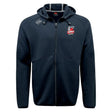 The Lincoln City Youth Rugby Tempo Vapodri Full-Zip Hoodie by EMB Canterbury is a black hoodie with a hood, drawstrings, and two front logos (left chest and right shoulder). Its moisture-wicking fabric keeps you comfortable in style.