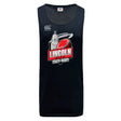 The Lincoln City Youth Rugby Tempo Vapodri Singlet by WRS Canterbury is a black, sleeveless recycled polyester jersey featuring the club logo with a red rugby ball and city skyline, plus VapoDri tech to keep you cool and dry.