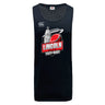 The Lincoln City Youth Rugby Tempo Vapodri Singlet by WRS Canterbury is a black, sleeveless recycled polyester jersey featuring the club logo with a red rugby ball and city skyline, plus VapoDri tech to keep you cool and dry.