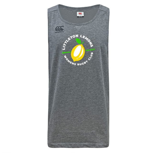 The Littleton Women Rugby Club Tempo Vapodri Singlet by WRS Canterbury features a yellow lemon graphic and club name on the front, with VapoDri technology for breathability.