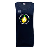 The Littleton Women Rugby Club Tempo Vapodri Singlet by WRS Canterbury is a navy tank top made from recycled polyester, featuring the club logo with a lemon graphic and "Squeezed since 2007" text.