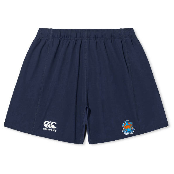 The Land Crabs RFC Yokohama Short by EMB Canterbury features navy blue fabric, an elastic waistband, a white Canterbury logo, and a blue embroidered crest—ideal for training or casual wear with comfort and style.