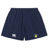 The Littleton Women Rugby Club Yokohama Short by EMB Canterbury is a navy blue rugby short featuring a white Canterbury logo on the left and a green and yellow circular rugby league logo on the right.