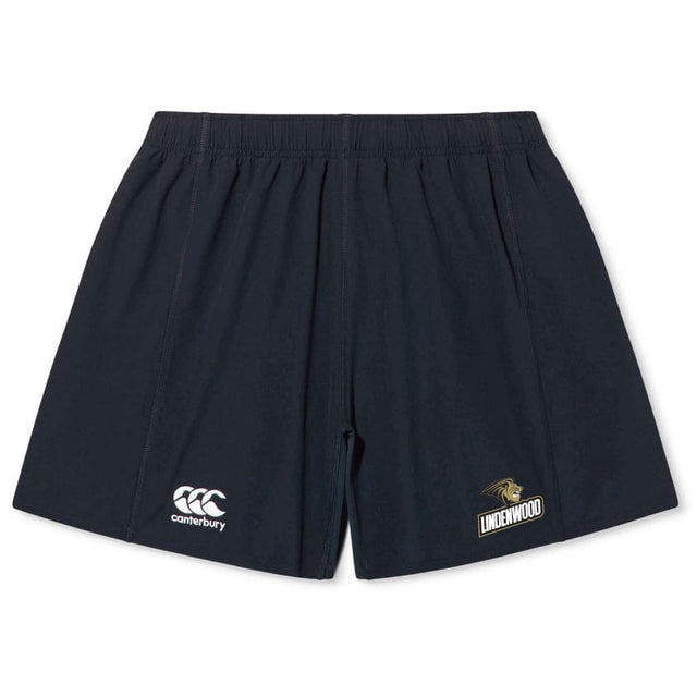 The Lindenwood University Rugby Yokohama Shorts by EMB Canterbury are black and display the "Canterbury" logo on the left and the "Lindenwood" emblem on the right, made from lightweight fabric for optimal comfort and performance.