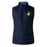 Stay sporty in the EMB Canterbury Littleton Women Rugby Club Elite Microlite Gilet by Canterbury—a navy sleeveless insulated vest with high collar, zip front, and rugby club logo on the left chest.