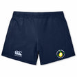 The Littleton Women Rugby Club Women's Elite Woven Short by EMB Canterbury features a navy blue design, white Canterbury logo on the left leg, yellow and green Littlest Lemon Rugby logo on the right, plus convenient zippered pockets.