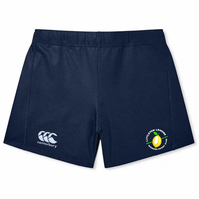 The Littleton Women Rugby Club Women's Elite Woven Short by EMB Canterbury features a navy blue design, white Canterbury logo on the left leg, yellow and green Littlest Lemon Rugby logo on the right, plus convenient zippered pockets.
