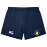 The Littleton Women Rugby Club Women's Elite Woven Short by EMB Canterbury features a navy blue design, white Canterbury logo on the left leg, yellow and green Littlest Lemon Rugby logo on the right, plus convenient zippered pockets.