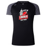 The Lincoln City Youth Rugby Women's Elite Training Tee by WRS Canterbury is a black and dark gray Vapodri short-sleeve shirt, featuring a red rugby ball and white dome logo, designed to keep you cool during training.