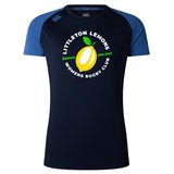 The Littleton Women Rugby Club Women's Elite Training Tee by WRS Canterbury features a navy and blue design, club logo, lemon graphic, and "Squeezed since 2021" text—perfectly breathable for active days.