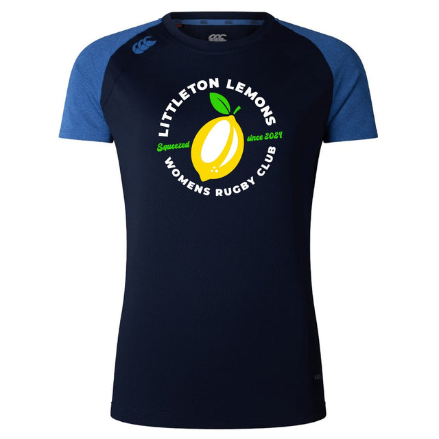 The Littleton Women Rugby Club Women's Elite Training Tee by WRS Canterbury features a navy and blue design, club logo, lemon graphic, and "Squeezed since 2021" text—perfectly breathable for active days.