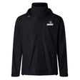 The "Lindenwood University Rugby Elite Storm Jacket" by EMB Canterbury is a black jacket featuring the iconic "Lindenwood" logo on the front and a hood, designed with breathable construction for optimal outdoor comfort.