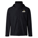 The "Lindenwood University Rugby Elite Storm Jacket" by EMB Canterbury is a black jacket featuring the iconic "Lindenwood" logo on the front and a hood, designed with breathable construction for optimal outdoor comfort.