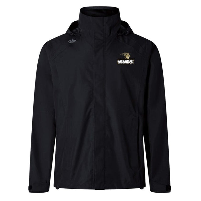 The "Lindenwood University Rugby Elite Storm Jacket" by EMB Canterbury is a black jacket featuring the iconic "Lindenwood" logo on the front and a hood, designed with breathable construction for optimal outdoor comfort.