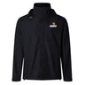 The "Lindenwood University Rugby Elite Storm Jacket" by EMB Canterbury is a black jacket featuring the iconic "Lindenwood" logo on the front and a hood, designed with breathable construction for optimal outdoor comfort.