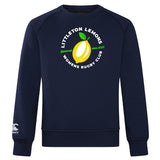 The Littleton Women Rugby Club Club Crew Sweatshirt by WRS Canterbury is an ultra soft navy blue top featuring "Littleton Lemons Womens Rugby Club" and a lemon graphic on the chest, plus an embroidered CCC logo on the left sleeve.